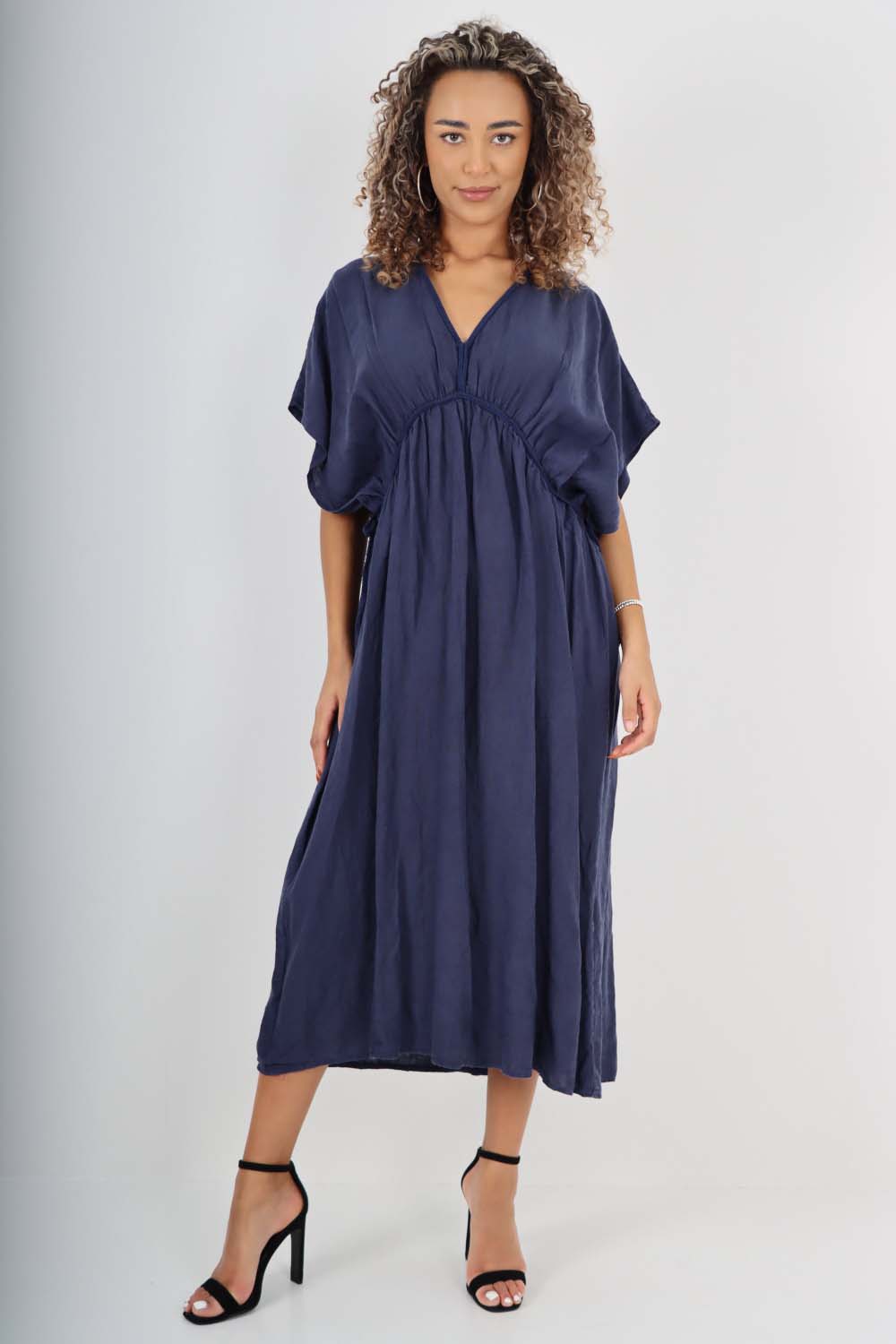 Italian Drawestring Front Flared Linen Dress For Women  - Dropwear