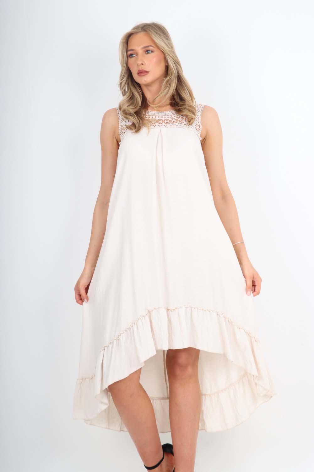 Italian Lace Neckline Dipped Hem Dress For Women  - Dropwear