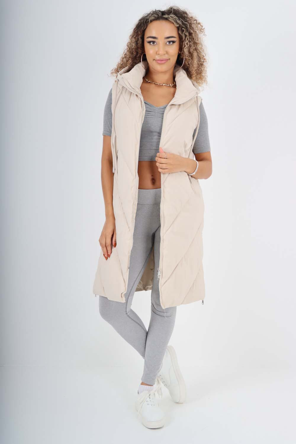 Italian Padded Pockets Hooded Zip up Long Gilet For Women  - Dropwear