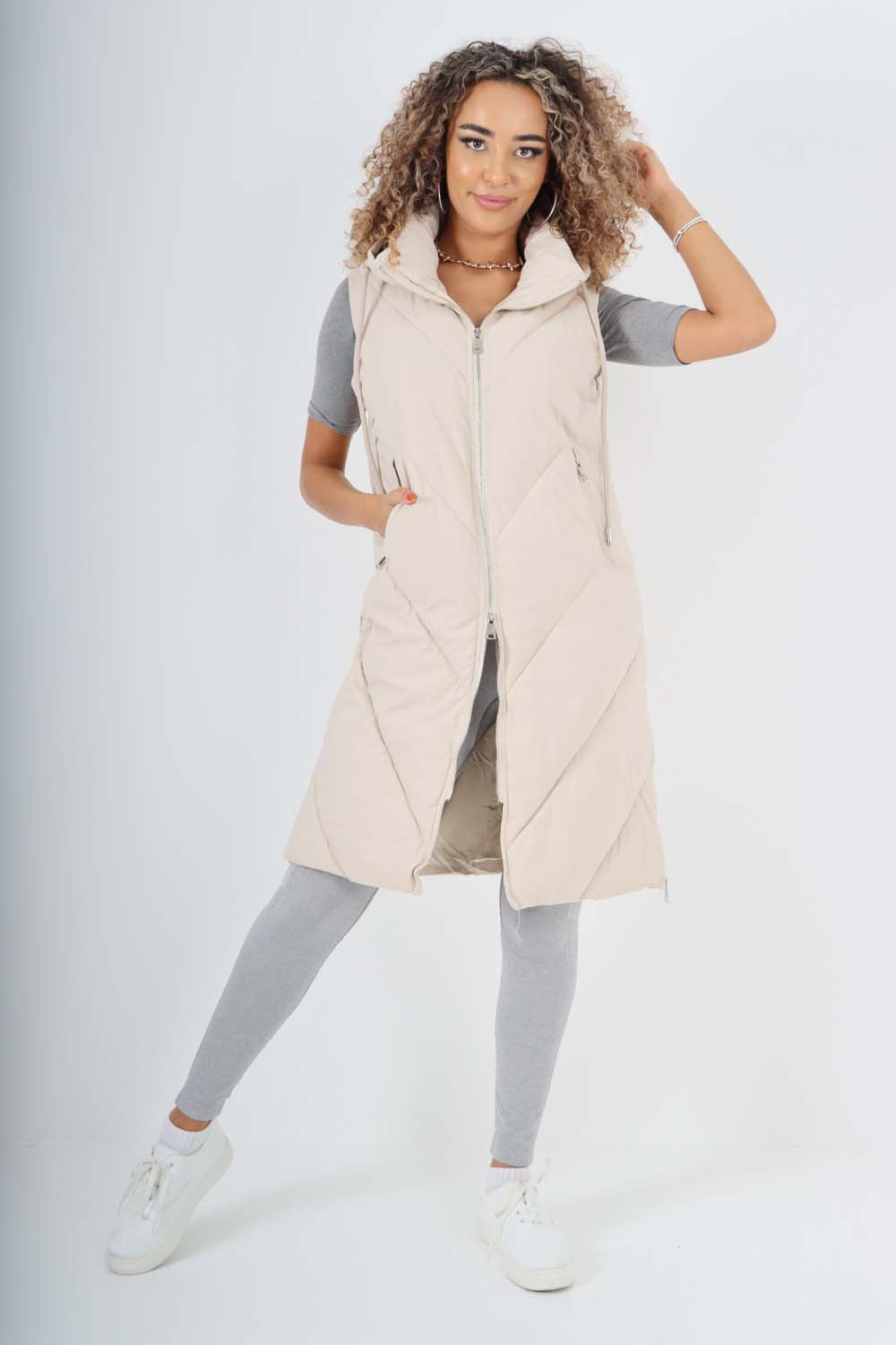 Italian Padded Pockets Hooded Zip up Long Gilet For Women  - Dropwear