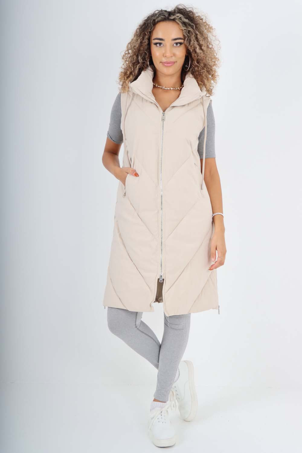 Italian Padded Pockets Hooded Zip up Long Gilet For Women  - Dropwear