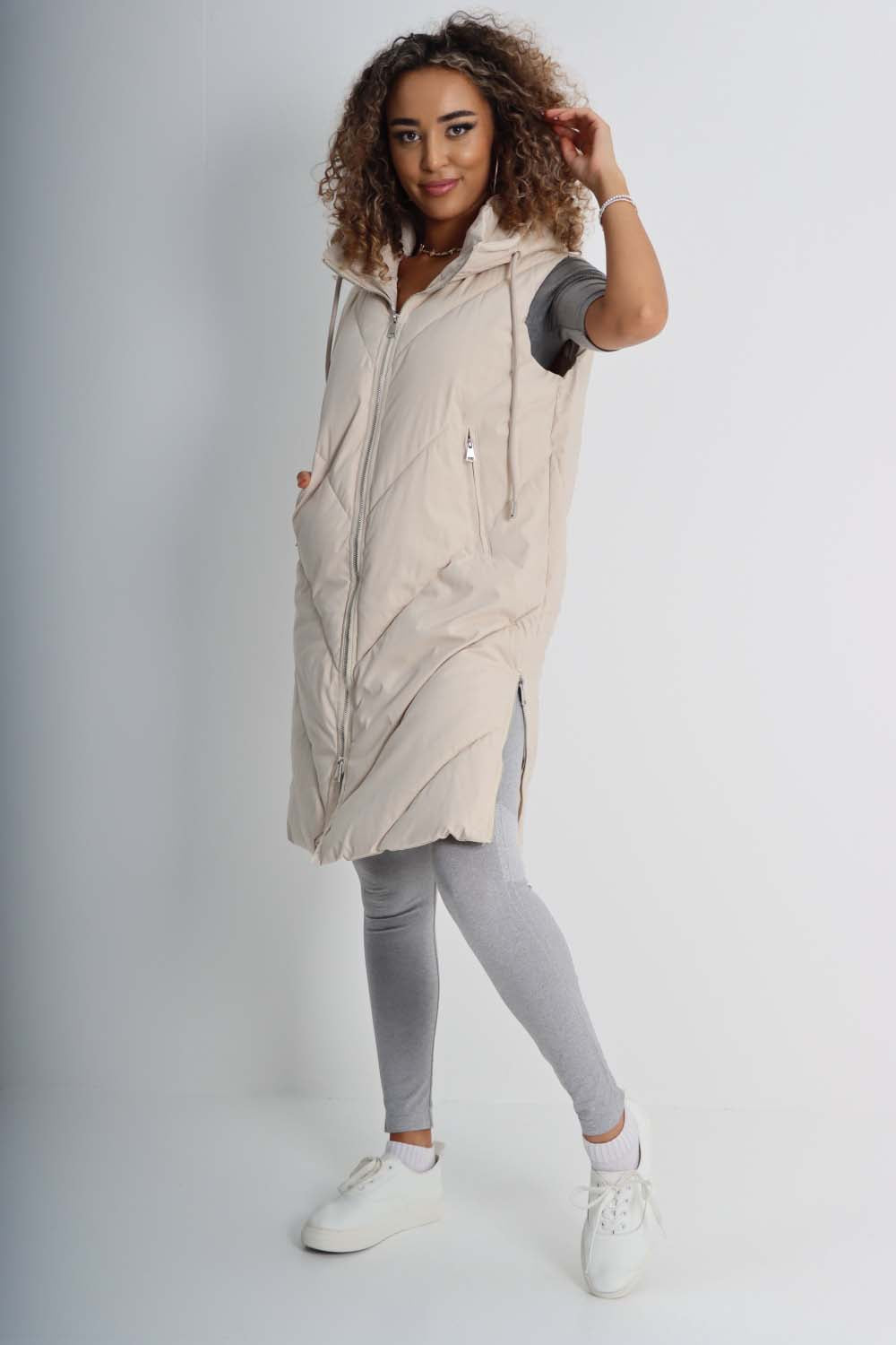 Italian Padded Pockets Hooded Zip up Long Gilet For Women  - Dropwear