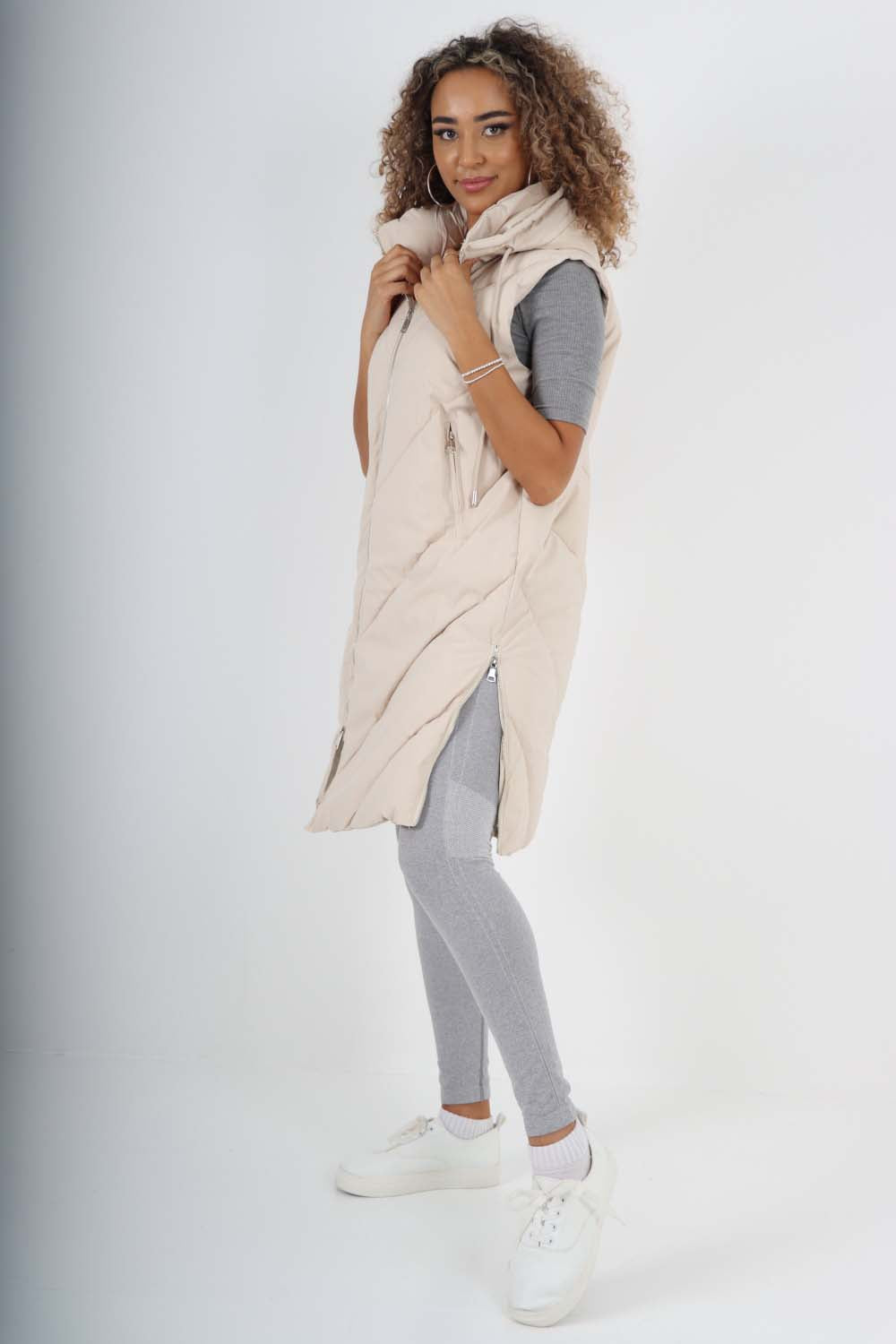 Italian Padded Pockets Hooded Zip up Long Gilet For Women  - Dropwear