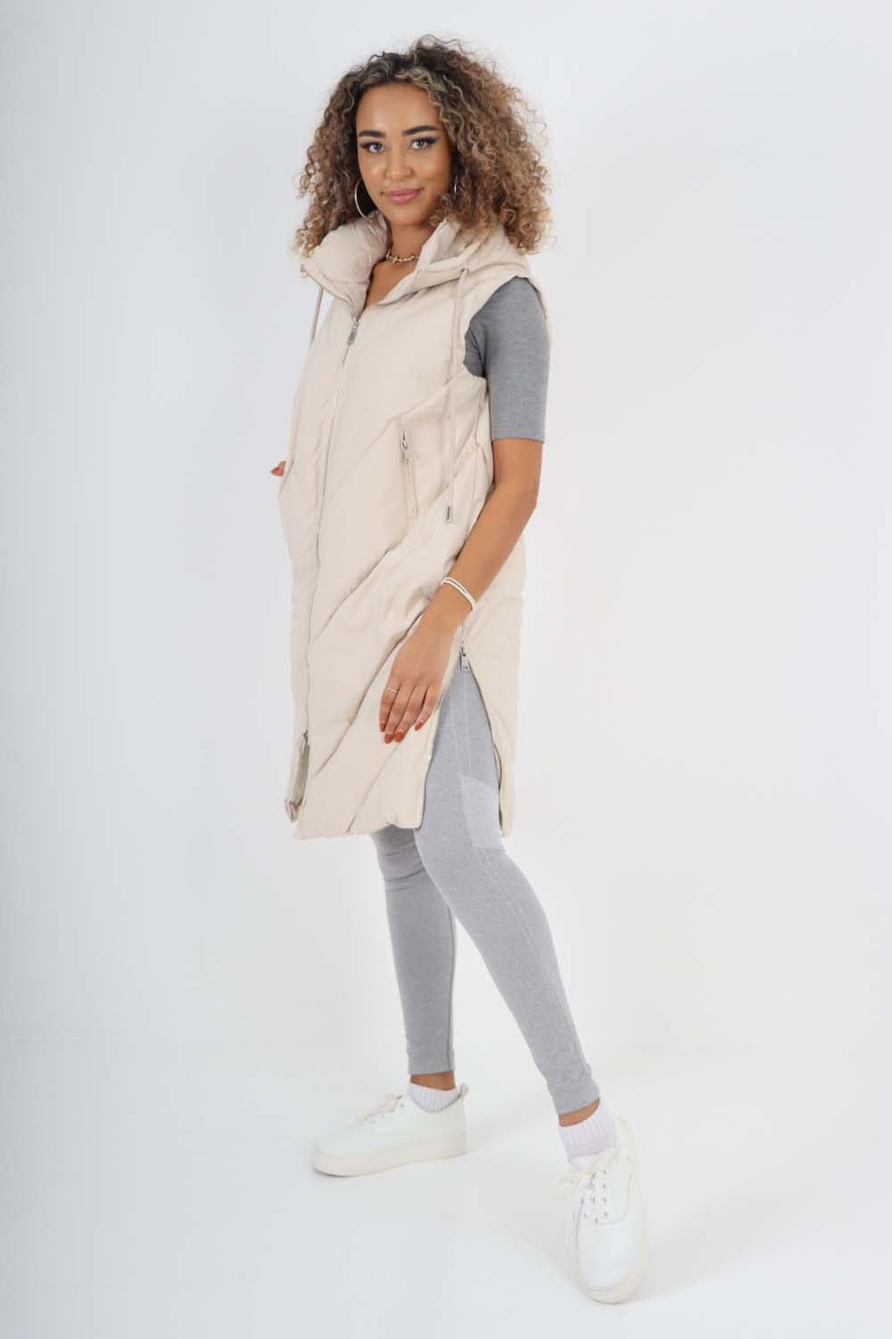 Italian Padded Pockets Hooded Zip up Long Gilet For Women  - Dropwear