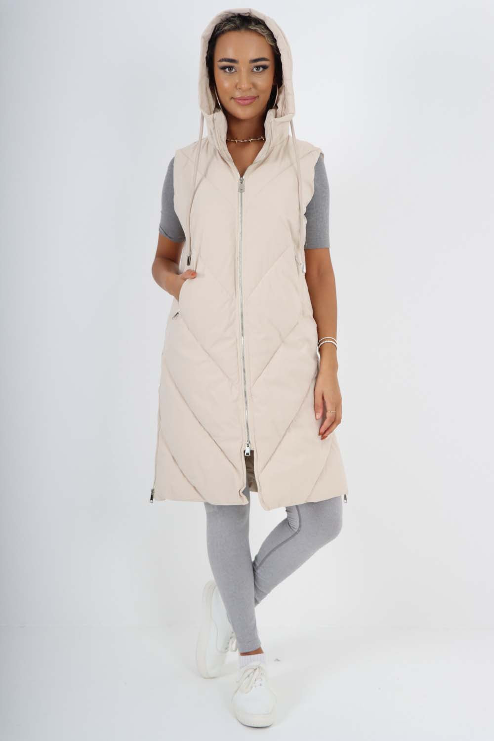 Italian Padded Pockets Hooded Zip up Long Gilet For Women  - Dropwear