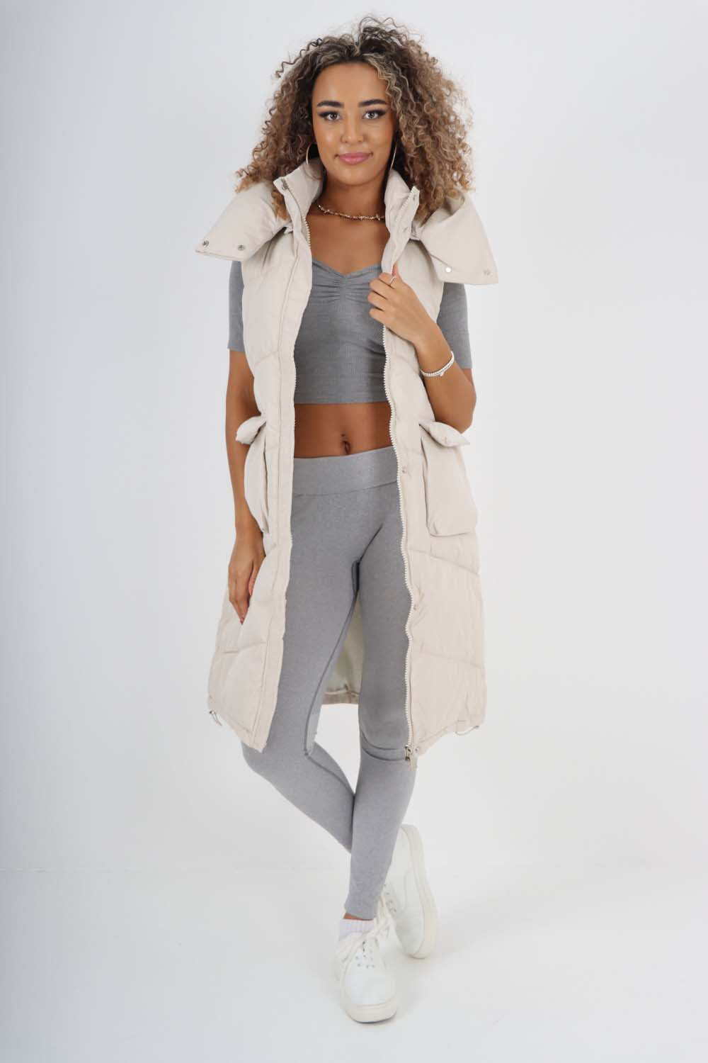 Italian Padded Pockets Hooded Long Gilet For Women  - Dropwear