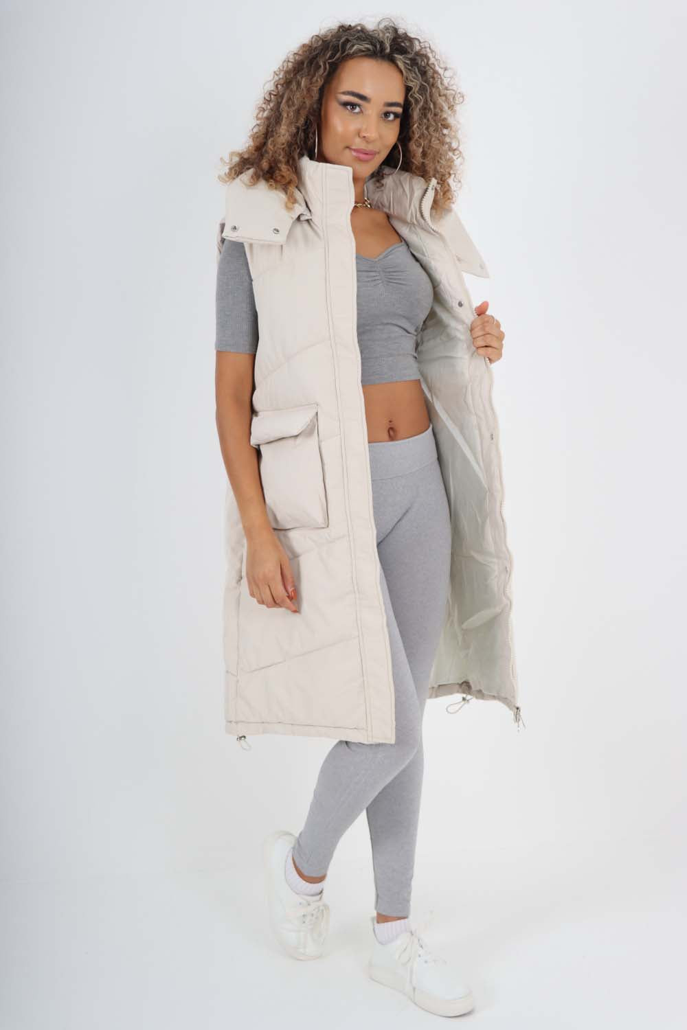 Italian Padded Pockets Hooded Long Gilet For Women  - Dropwear
