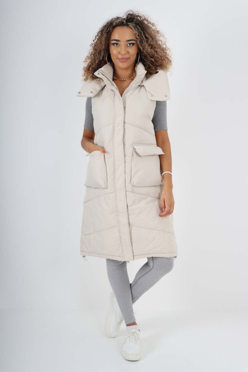 Italian Padded Pockets Hooded Long Gilet For Women  - Dropwear
