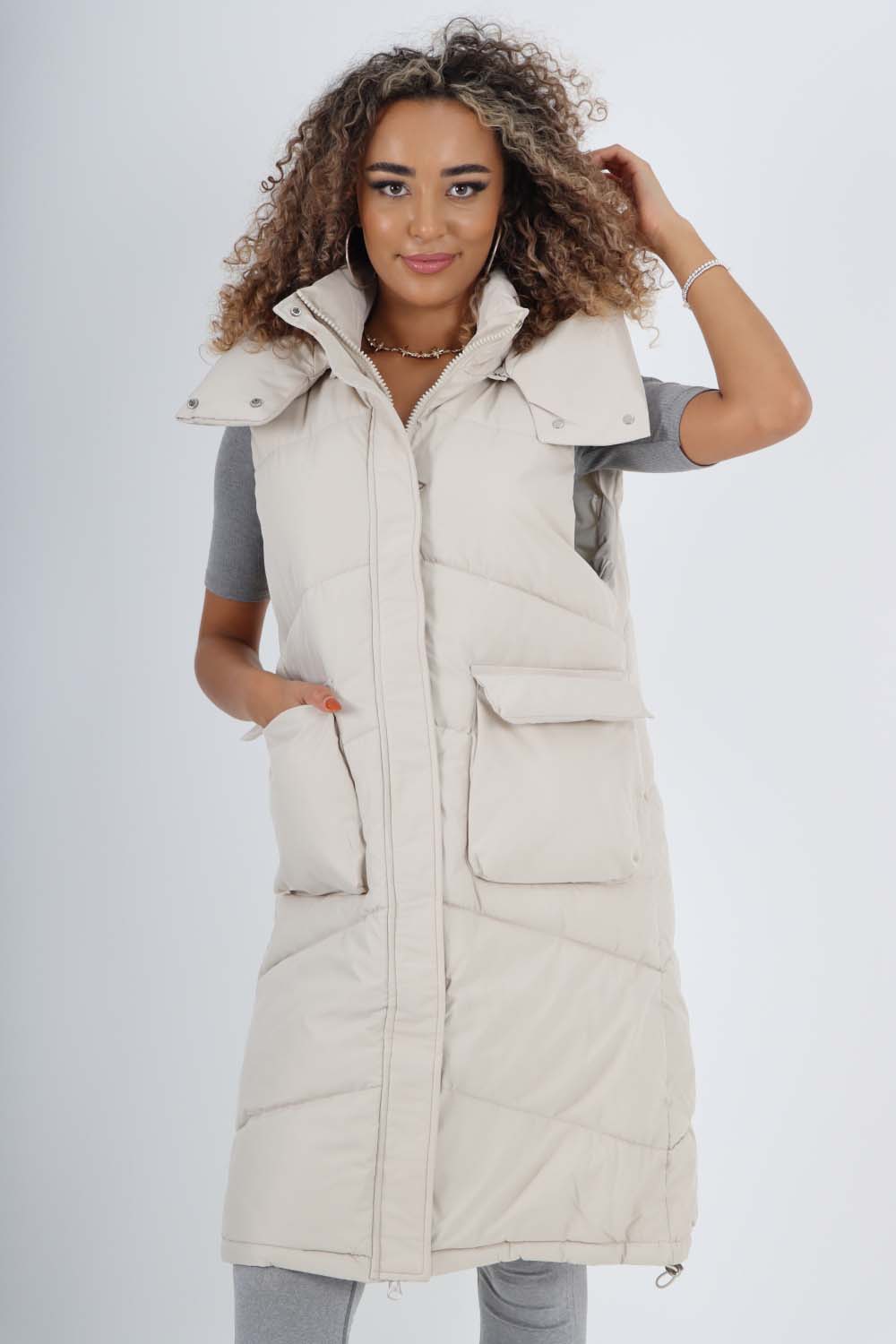Italian Padded Pockets Hooded Long Gilet For Women  - Dropwear