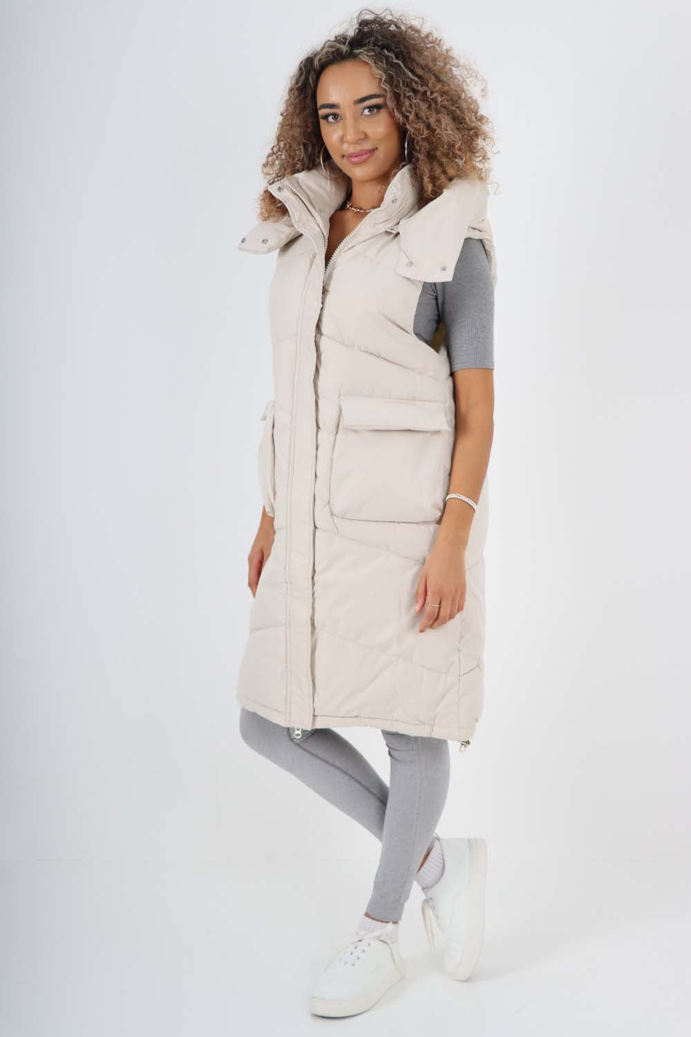 Italian Padded Pockets Hooded Long Gilet For Women  - Dropwear