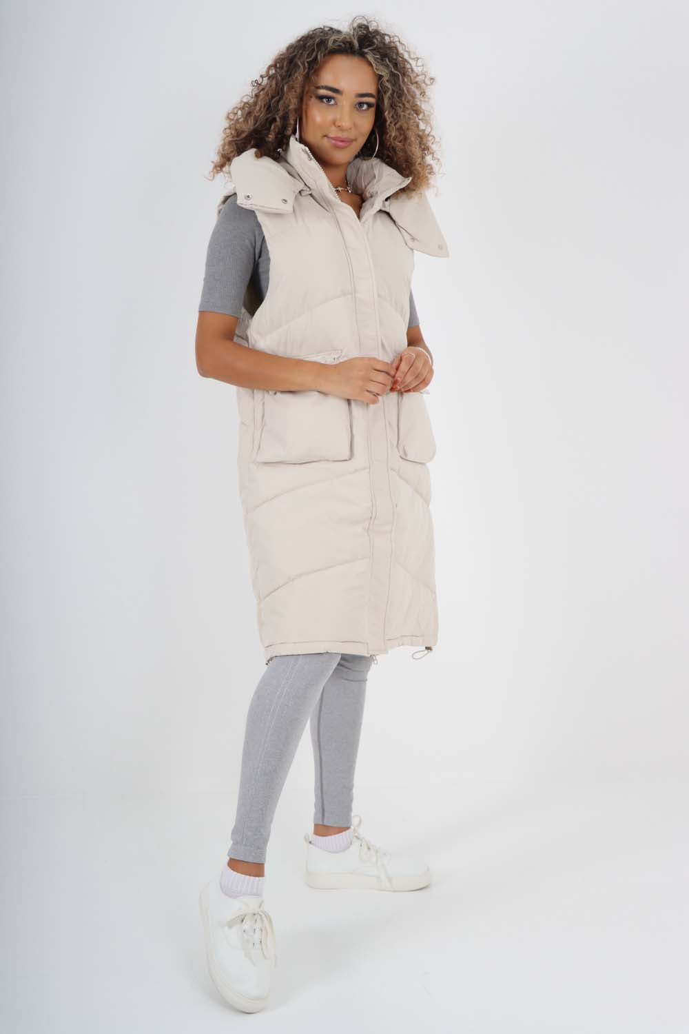 Italian Padded Pockets Hooded Long Gilet For Women  - Dropwear