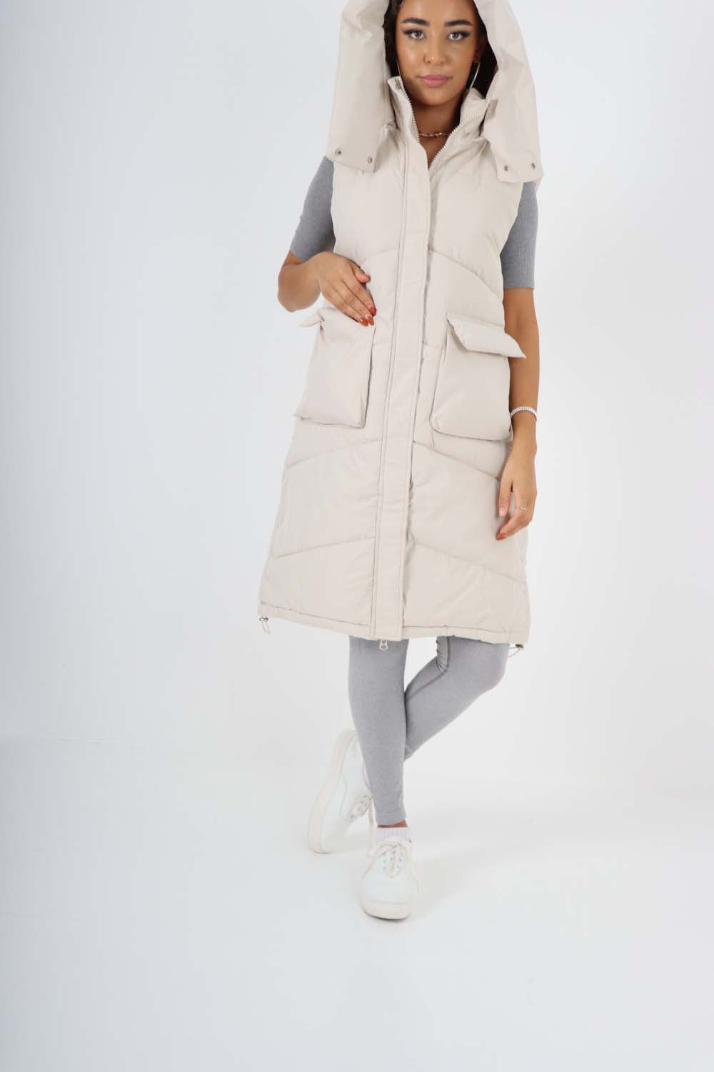 Italian Padded Pockets Hooded Long Gilet For Women  - Dropwear