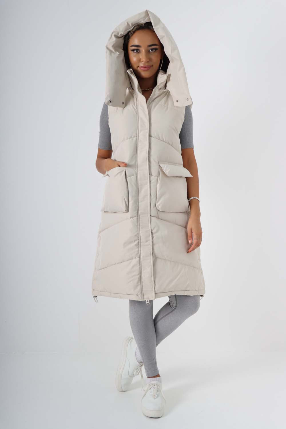 Italian Padded Pockets Hooded Long Gilet For Women  - Dropwear