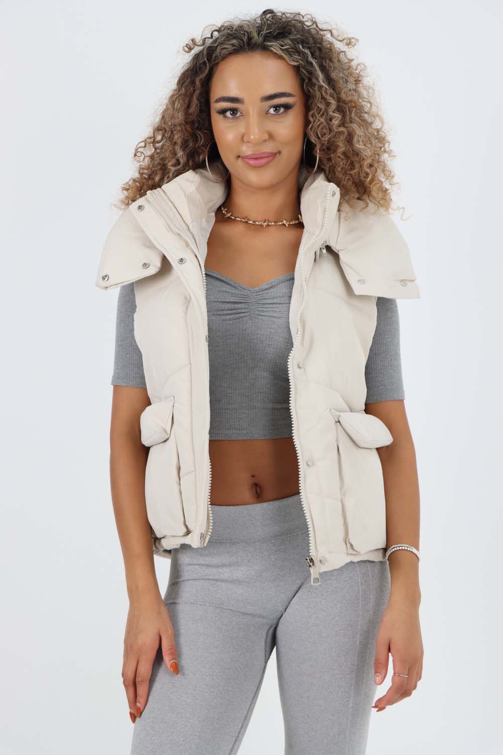 Italian Padded Pockets Hooded Gilet For Women  - Dropwear