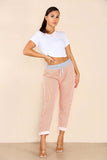 Plus Size Italian Thin Stripes Print Drawstring Cotton Joggers For Women  - Dropwear