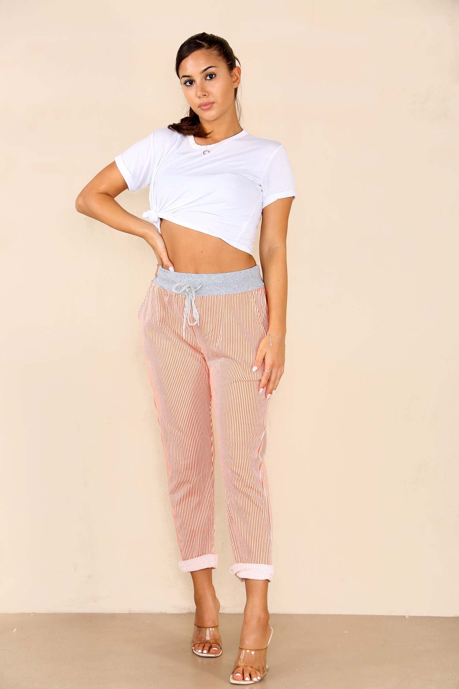 Italian Thin Stripes Print Drawstring Cotton Joggers For Women  - Dropwear