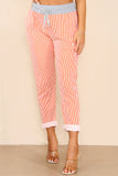 Plus Size Italian Thin Stripes Print Drawstring Cotton Joggers For Women  - Dropwear