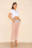 Plus Size Italian Thin Stripes Print Drawstring Cotton Joggers For Women  - Dropwear