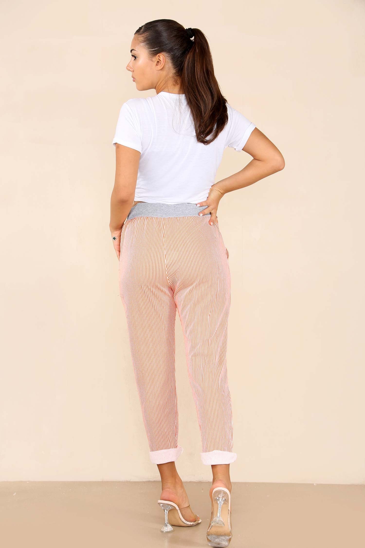 Plus Size Italian Thin Stripes Print Drawstring Cotton Joggers For Women  - Dropwear