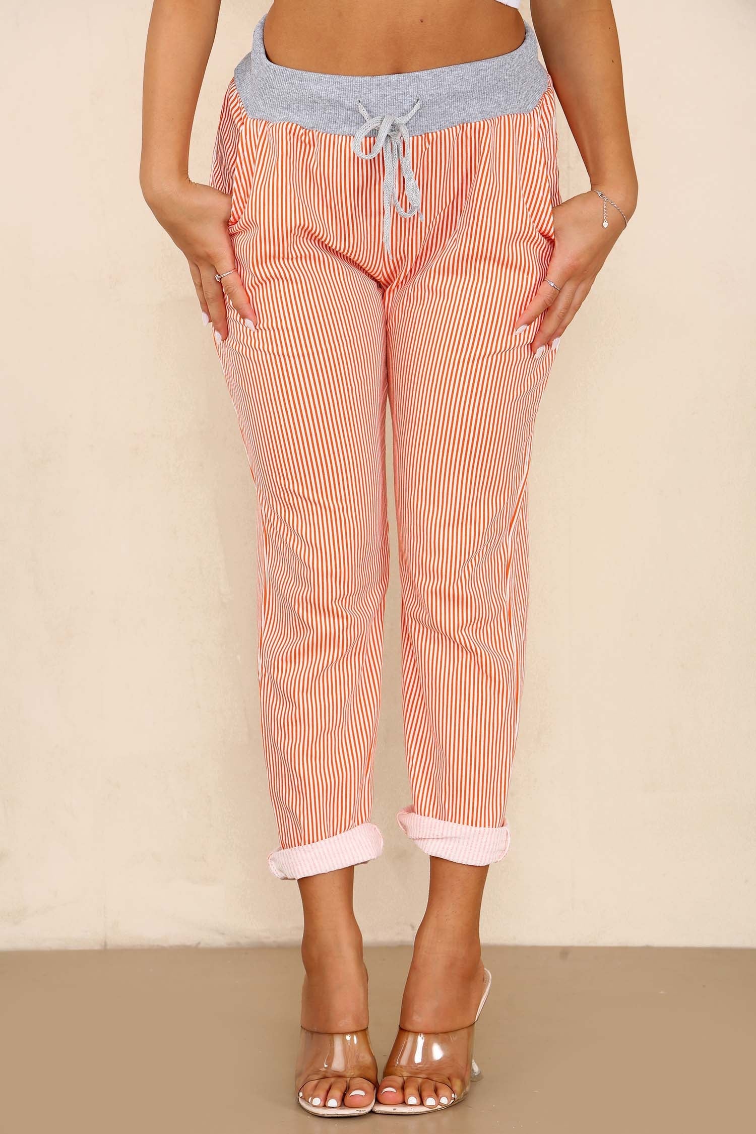 Plus Size Italian Thin Stripes Print Drawstring Cotton Joggers For Women  - Dropwear