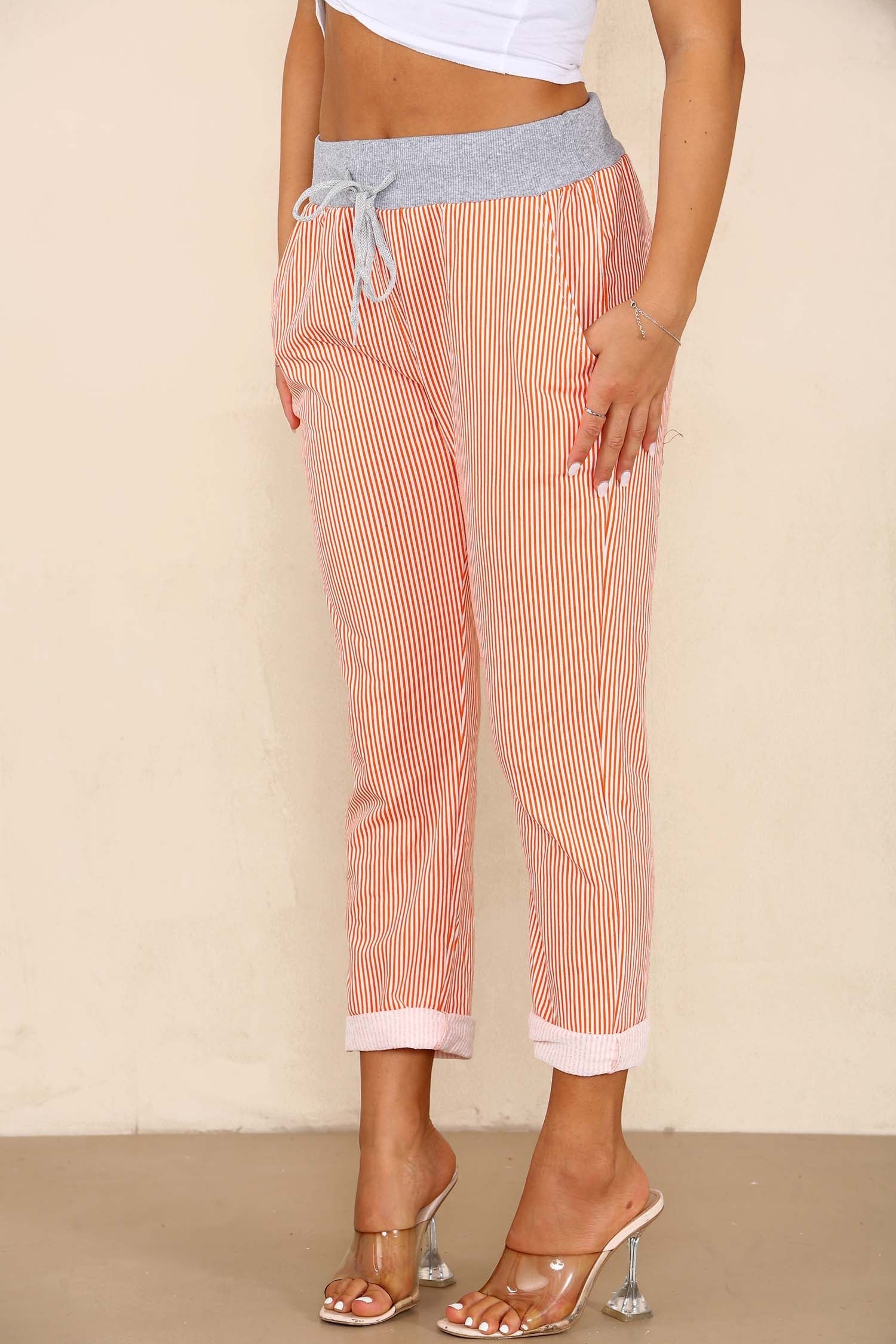 Plus Size Italian Thin Stripes Print Drawstring Cotton Joggers For Women  - Dropwear
