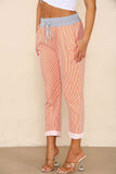 Plus Size Italian Thin Stripes Print Drawstring Cotton Joggers For Women  - Dropwear