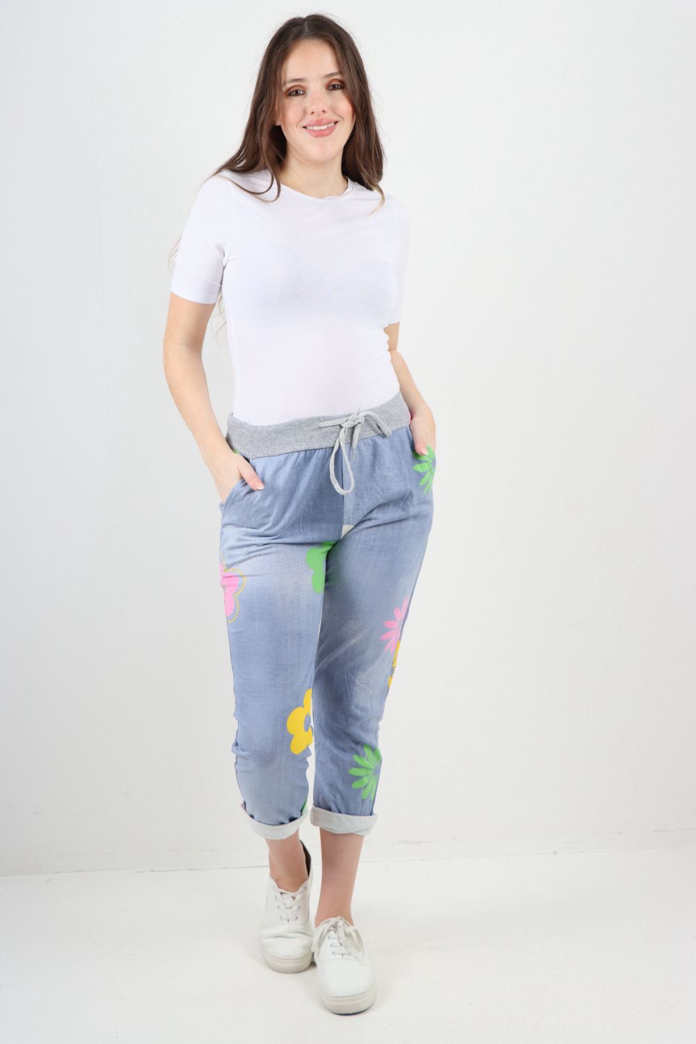 Dark Denim Daisy Flower Print Sweatpants For Women 8 - Dropwear