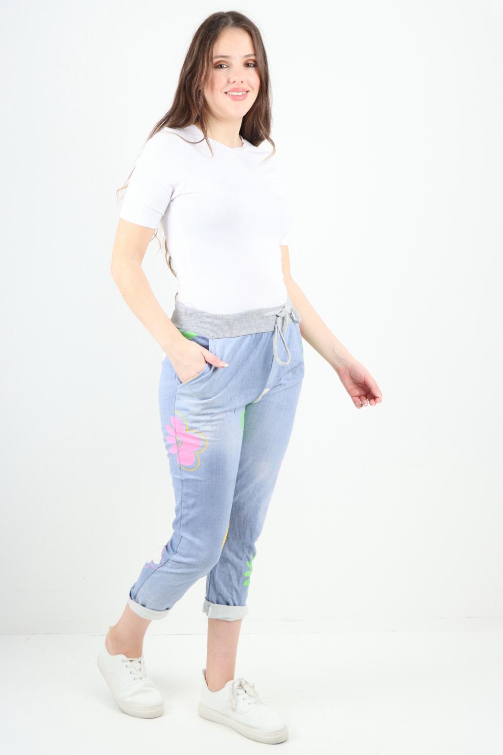 Dark Denim Daisy Flower Print Sweatpants For Women 18 - Dropwear