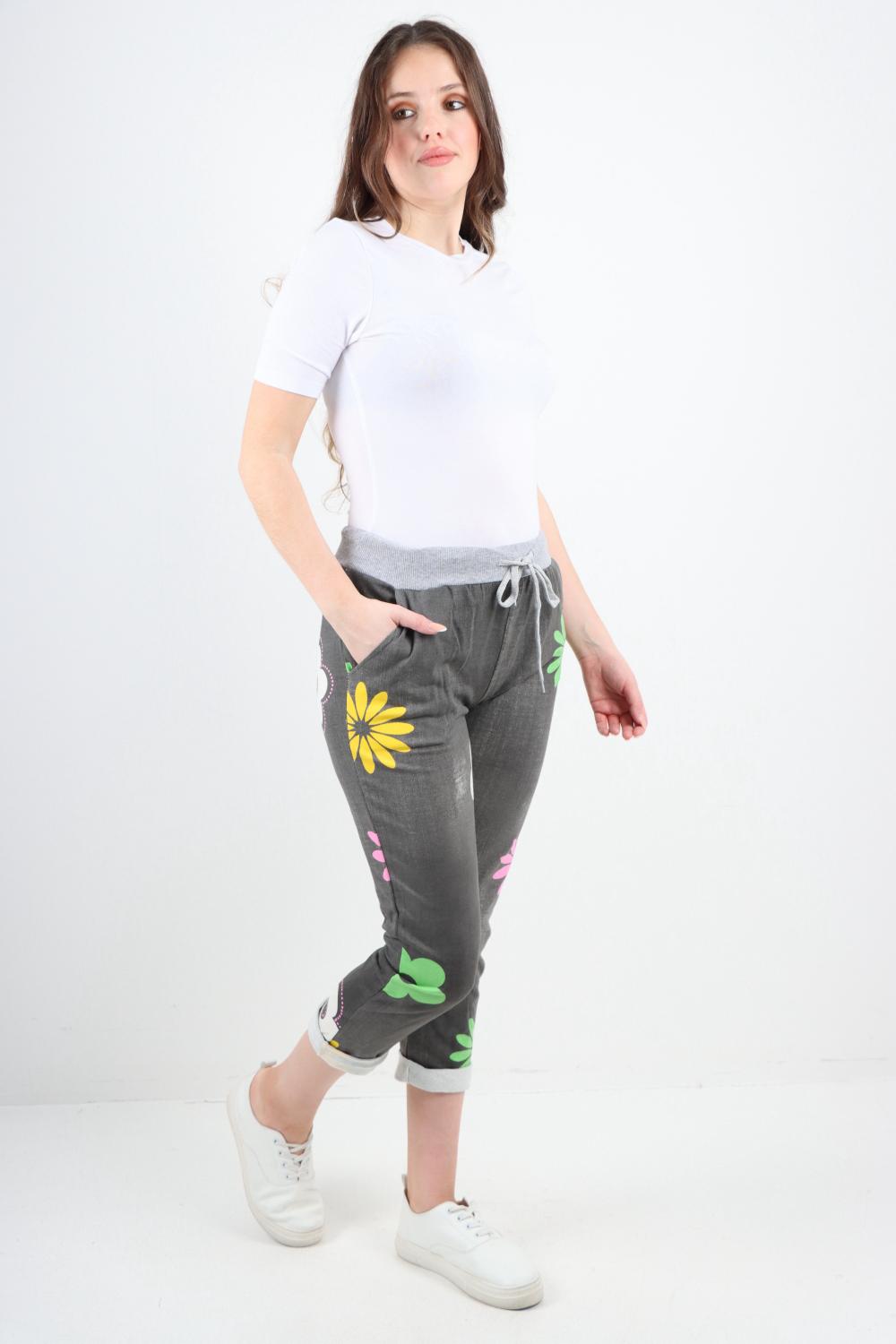Dark Denim Daisy Flower Print Sweatpants For Women 22 - Dropwear