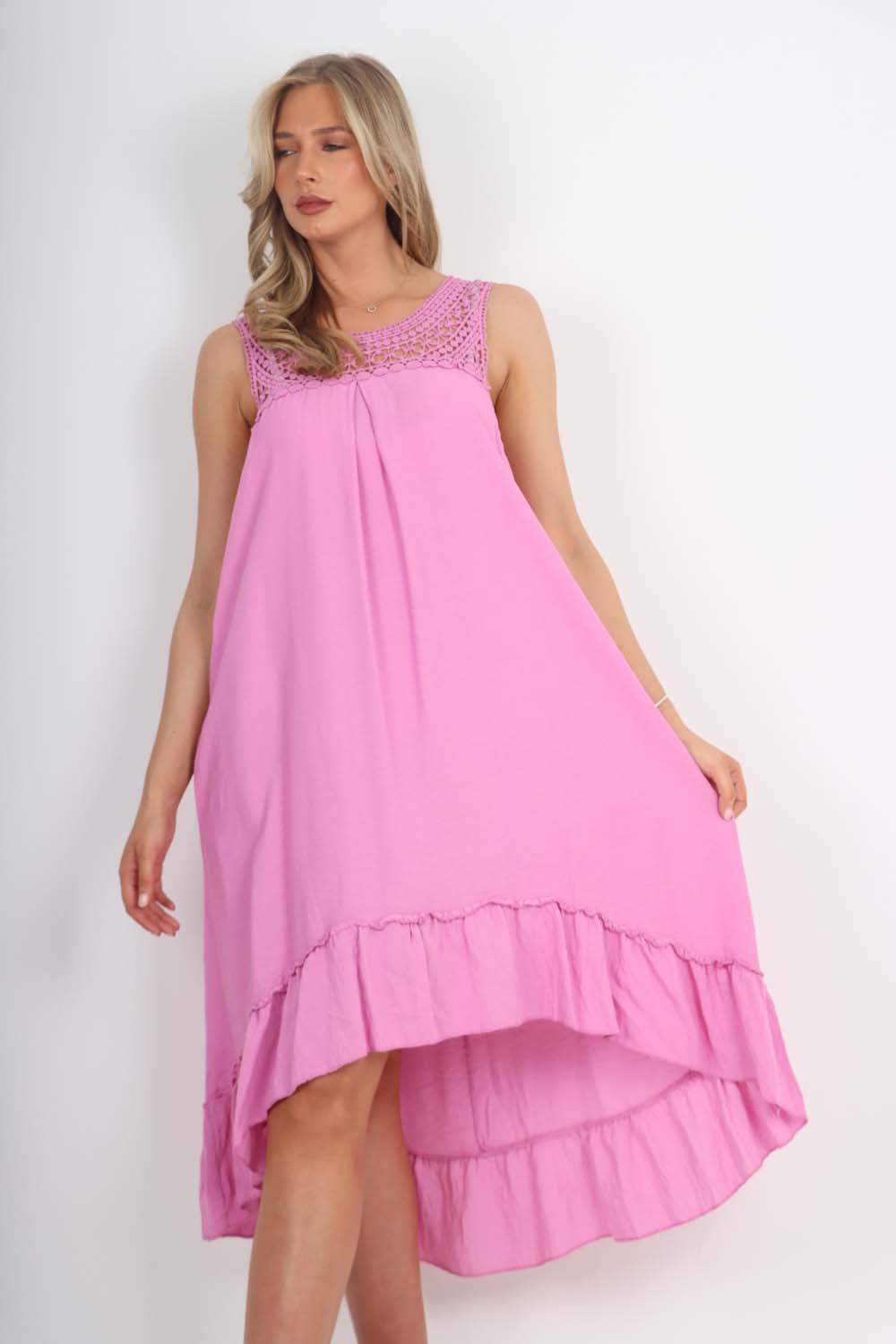 Italian Lace Neckline Dipped Hem Dress For Women  - Dropwear