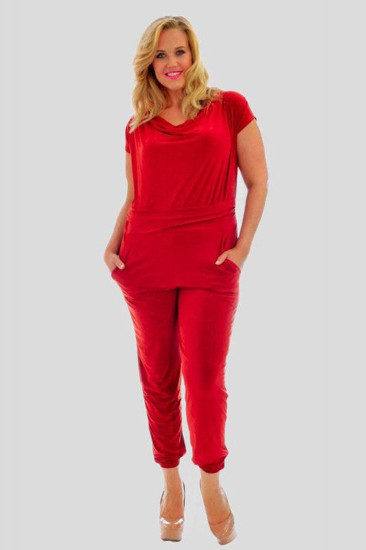 Red Plus Size Cowl Neck Pocket Belted Jumpsuits For Women 14 - Dropwear