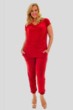 Red Plus Size Cowl Neck Pocket Belted Jumpsuits For Women 14 - Dropwear