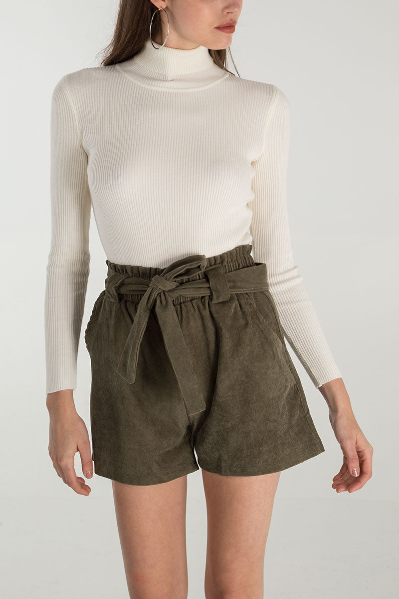 Khaki Cord Paper Bag Shorts For Women SMALL - Dropwear