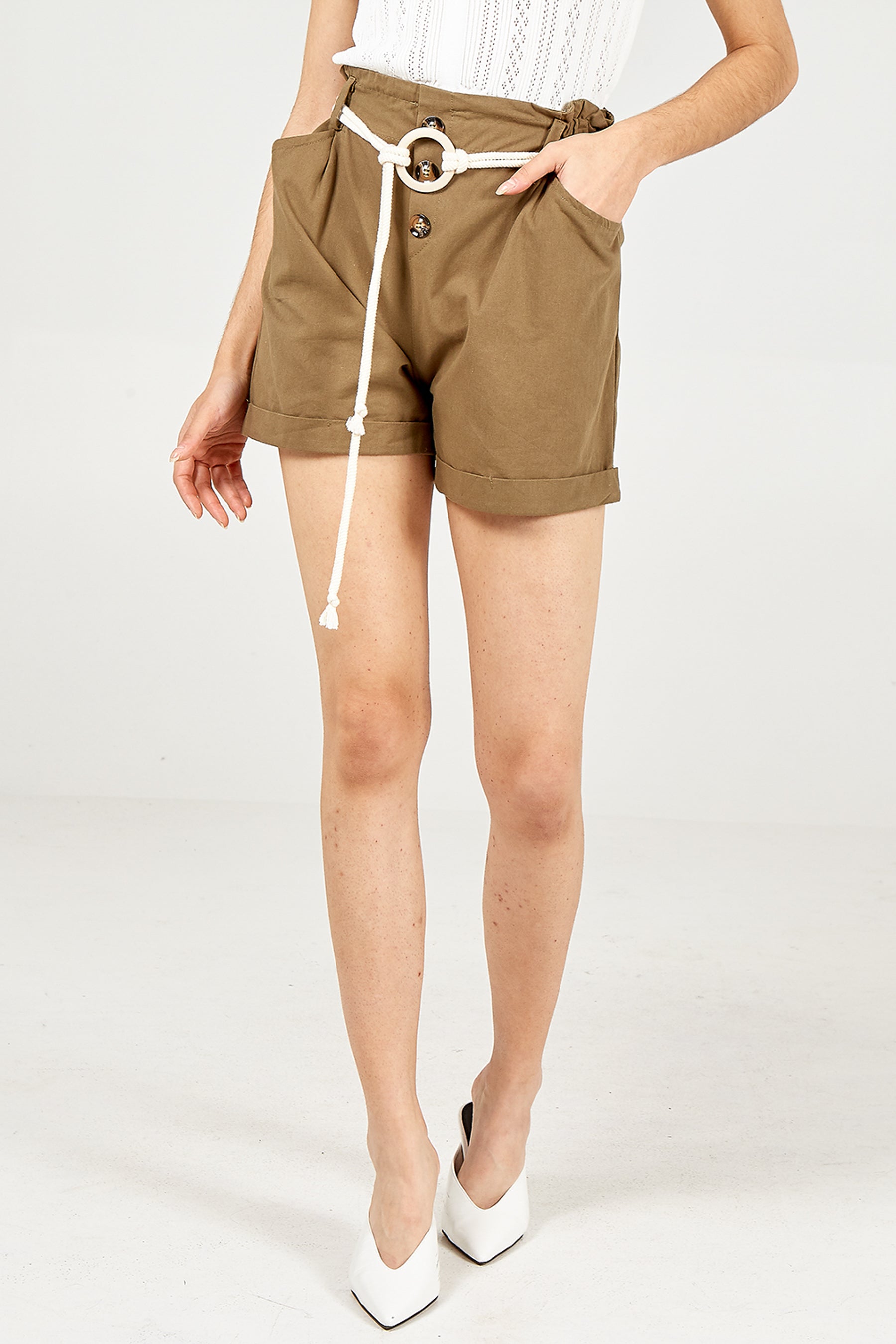 Khaki Turnback Rope Detail Shorts For Women LARGE - Dropwear