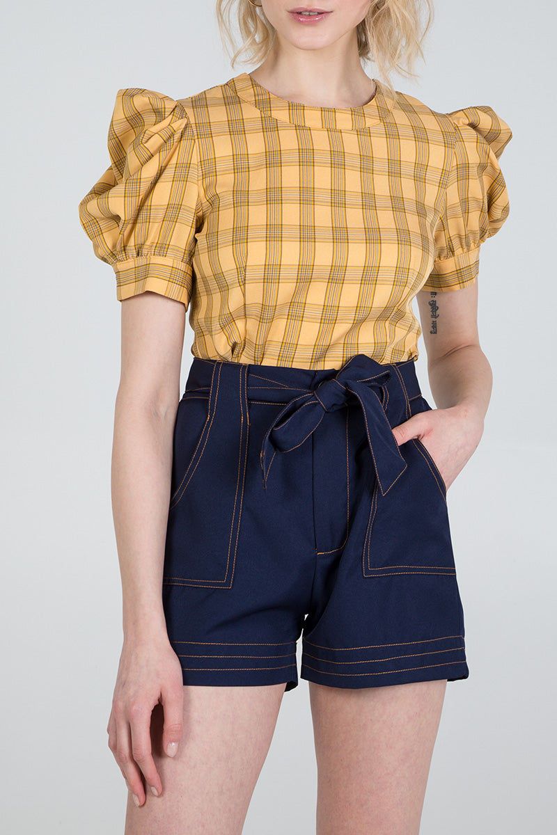 Navy Paperbag Waist Contrast Stitch Short For Women SMALL - Dropwear