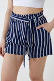 Navy Stripe Belted Shorts For Women LARGE - Dropwear