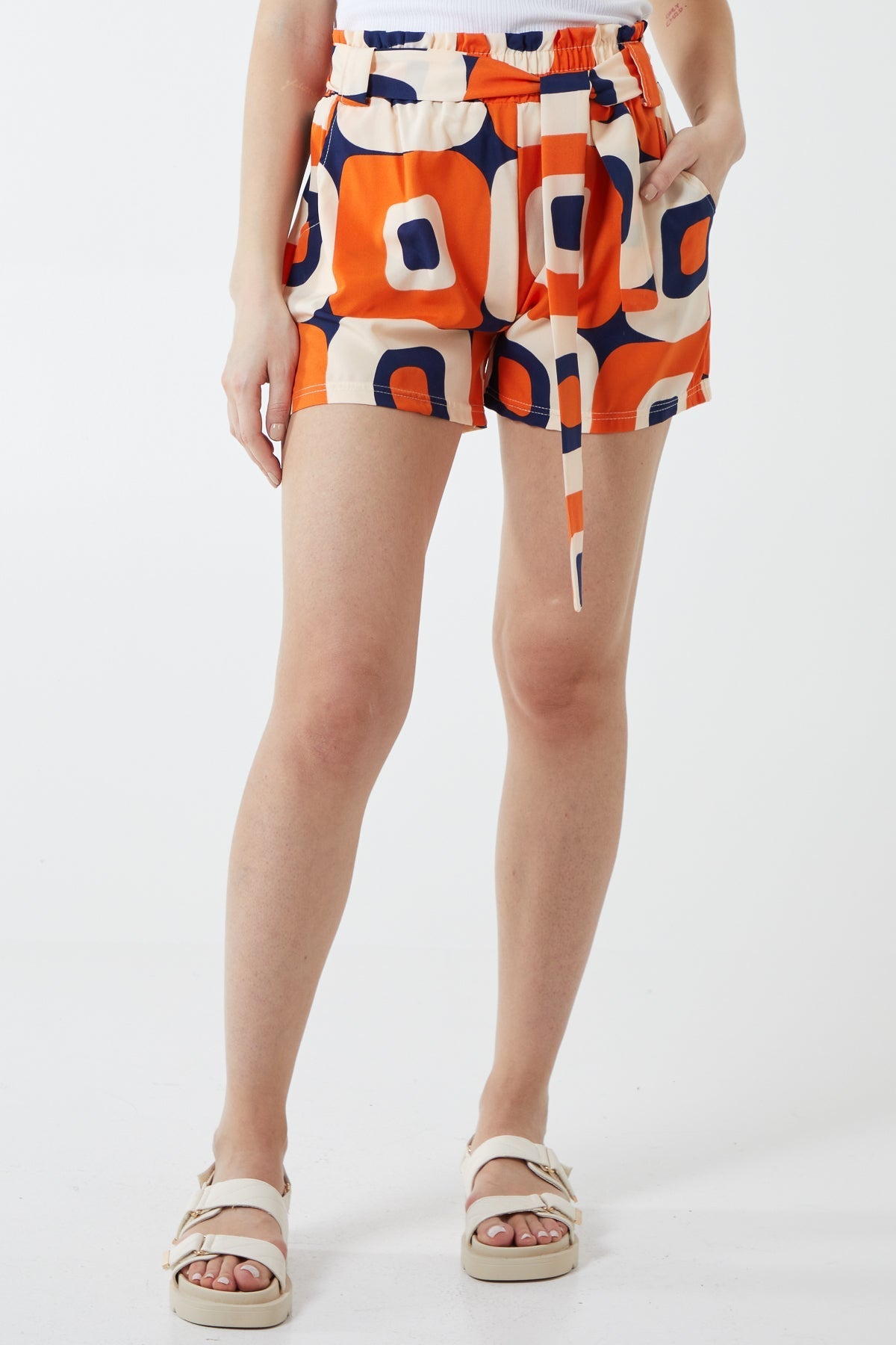 Orange Abstract Belted Shorts For Women MEDIUM - Dropwear
