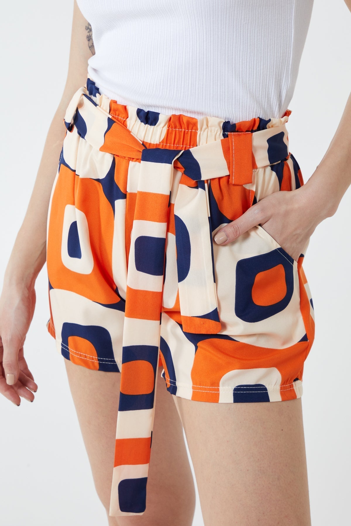 Orange Abstract Belted Shorts For Women LARGE - Dropwear