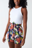 Navy Tropical Print Belted Shorts For Women SMALL - Dropwear