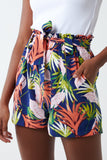 Navy Tropical Print Belted Shorts For Women MEDIUM - Dropwear