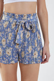 Blue Floral Pleated Tie Shorts For Women LARGE - Dropwear