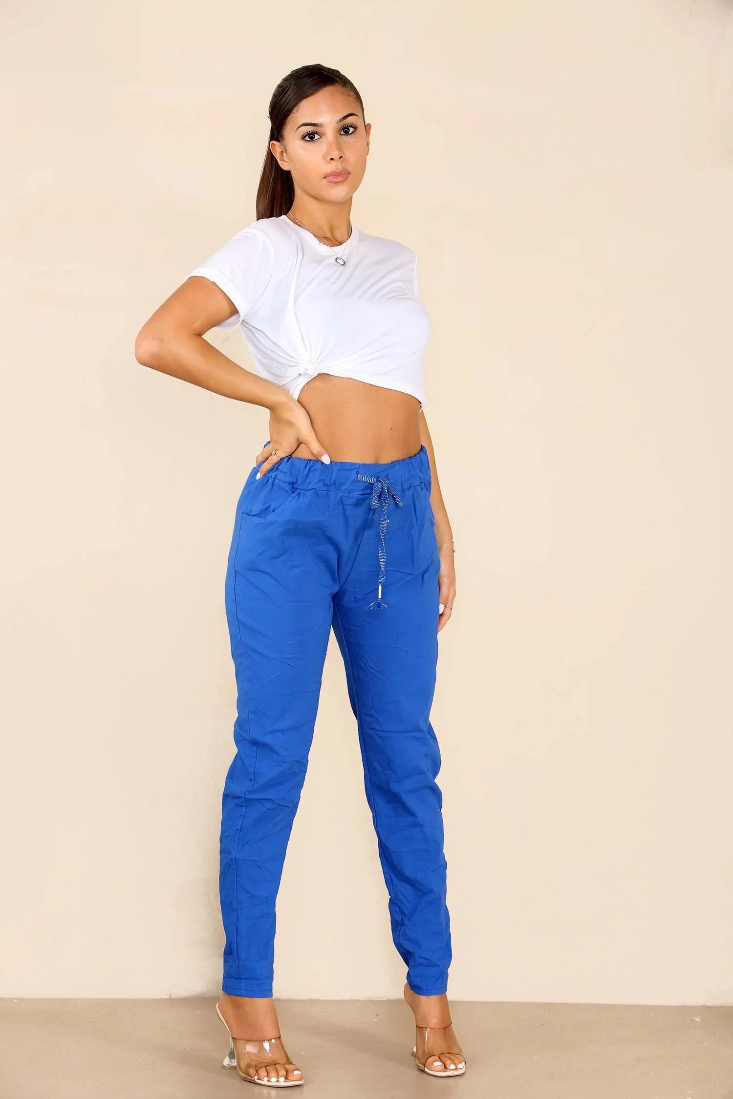 Navy Blue Italian Glitter Drawstring Waistband Magic Pants For Women 14 - Dropwear