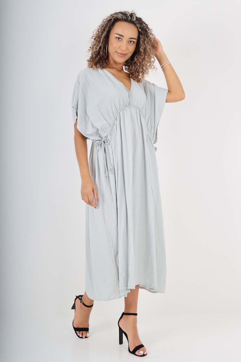 Italian Drawestring Front Flared Linen Dress For Women  - Dropwear