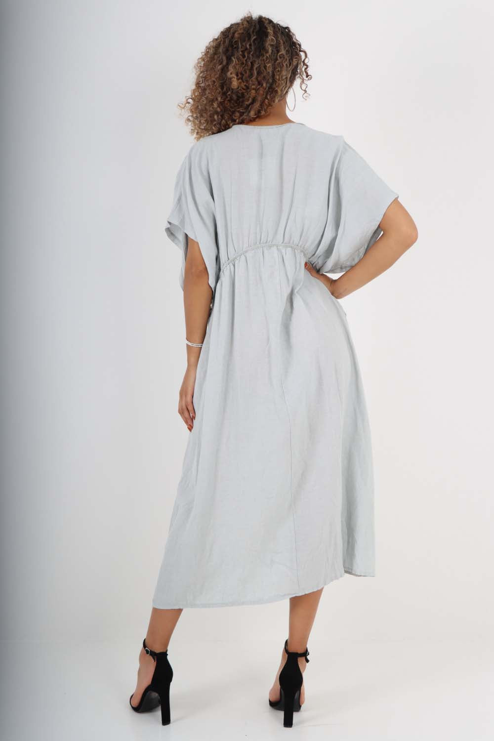 Italian Drawestring Front Flared Linen Dress For Women  - Dropwear