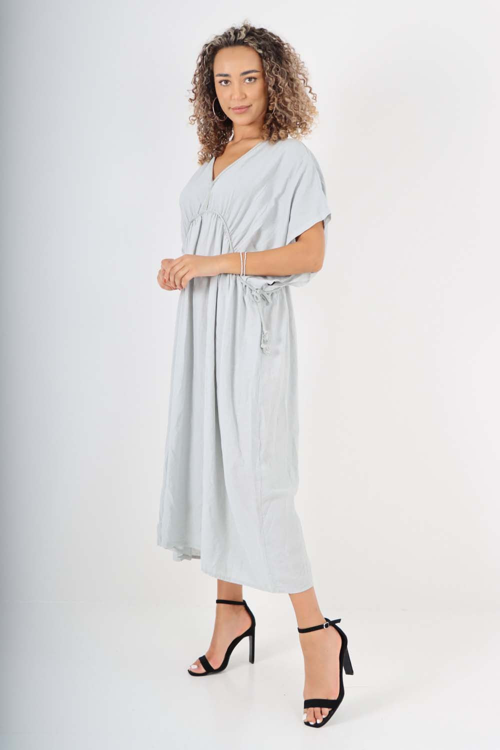 Italian Drawestring Front Flared Linen Dress For Women  - Dropwear