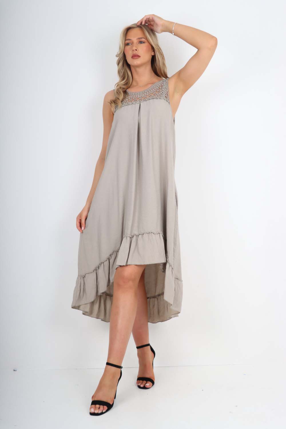 Charcoal Italian Lace Neckline Dipped Hem Dress For Women ONE SIZE (FITS UK 10-18) - Dropwear