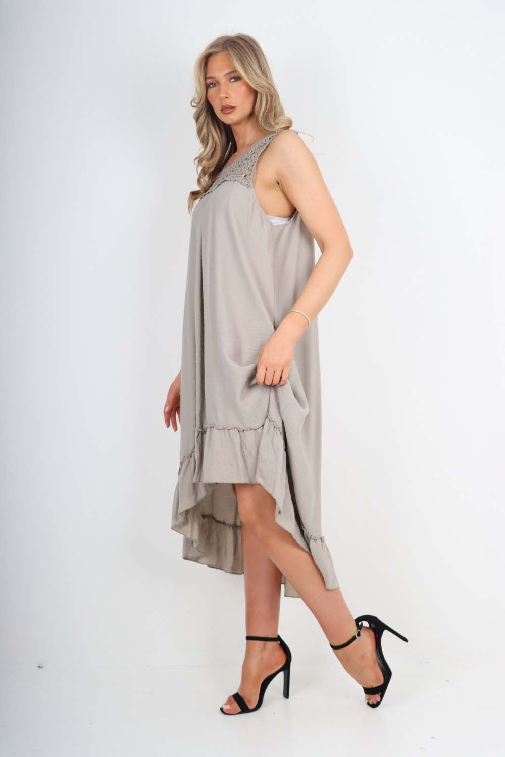 Pink Italian Lace Neckline Dipped Hem Dress For Women ONE SIZE (FITS UK 10-18) - Dropwear