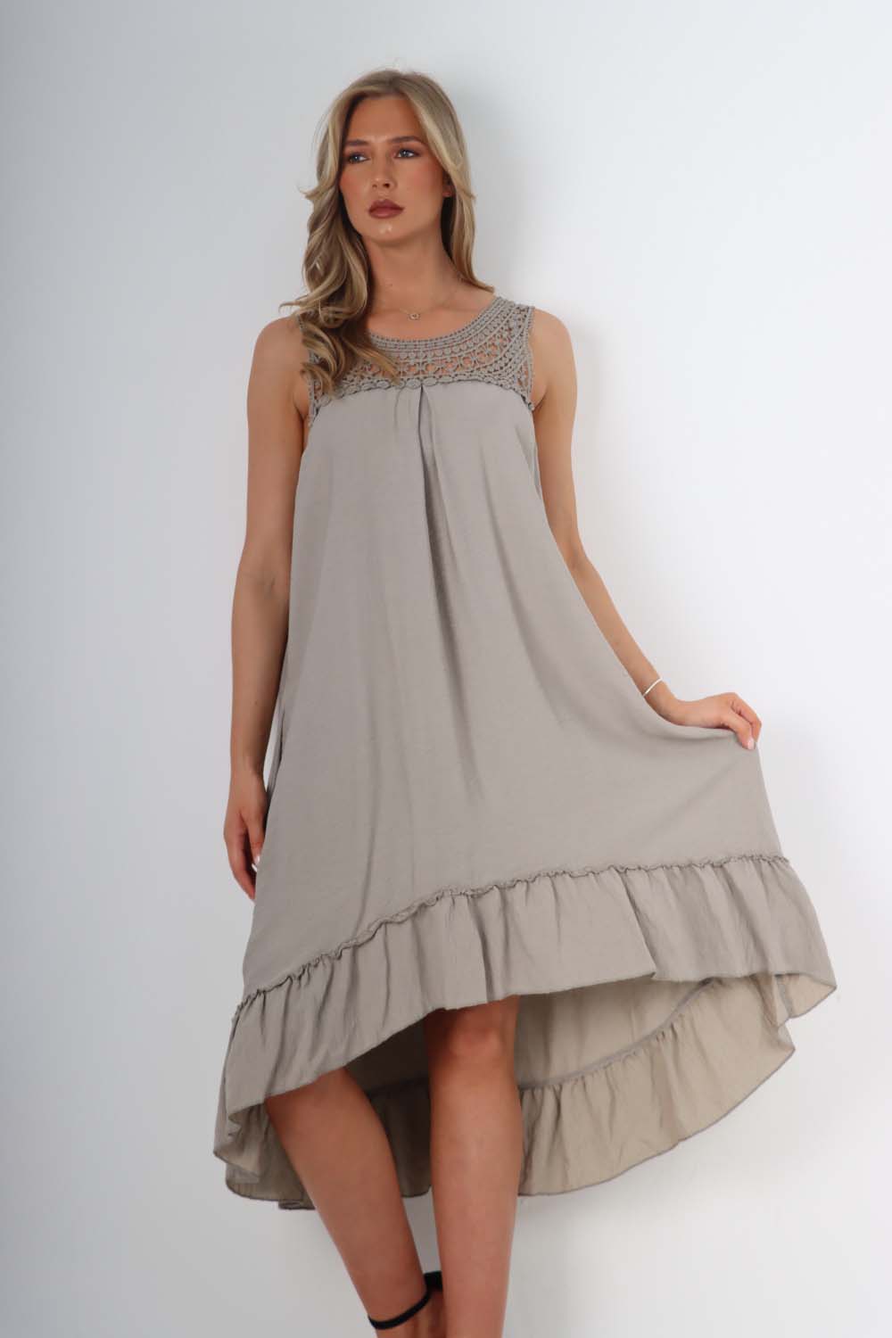 Baby Pink Italian Lace Neckline Dipped Hem Dress For Women ONE SIZE (FITS UK 10-18) - Dropwear