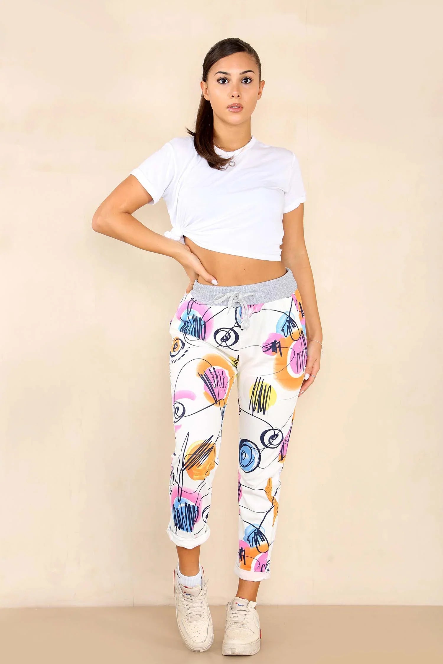 White Plus Size Italian Abstract Paint Print Drawstring Cotton Joggers For Women 20 - Dropwear