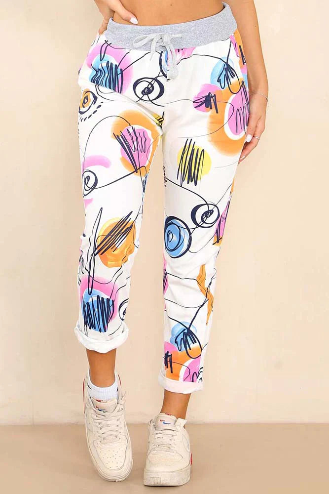 White Plus Size Italian Abstract Paint Print Drawstring Cotton Joggers For Women 16 - Dropwear